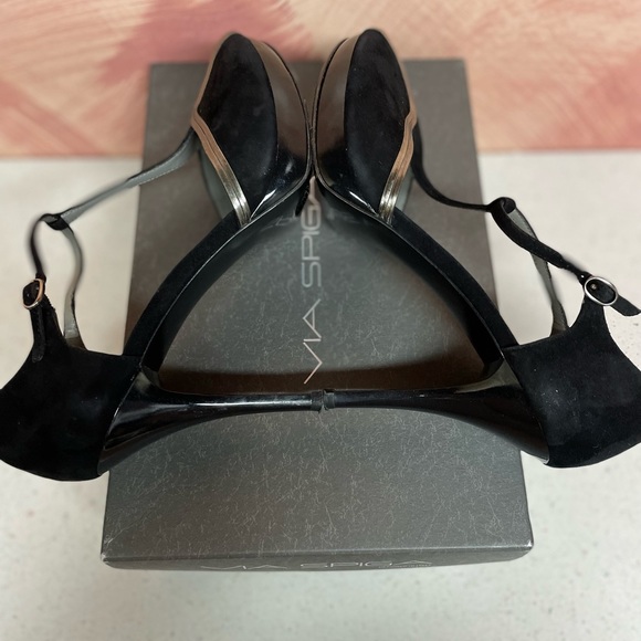 Via Spiga V Sapore T-strap Peep-toe Heeled Sandals Black &Silver size 9M - Picture 5 of 8